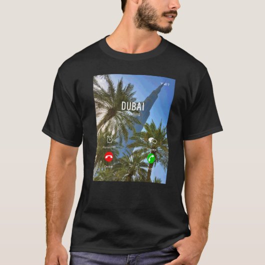 ドバイクールが電話スクリーン引用文キープサケに電話をかける Tシャツ (正面)