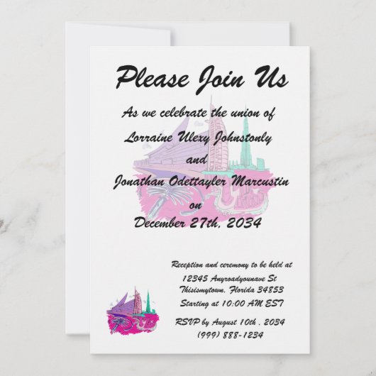 ドバイシティ（テキストなし）ピンクグラフィックトラベルデザイン.png 招待状 (正面)