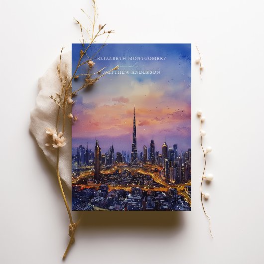 ドバイスカイラインサンセットウェディング日付を保存 招待状