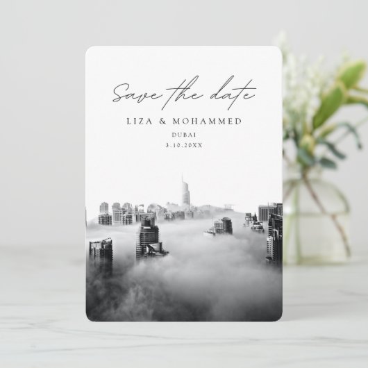 ドバイ結婚式の日付を保存ブラック&ホワイトクラス 招待状 (スタンド正面)