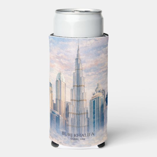 ドバイ・ブルジュ・ハリファ豪華都市スカイライン水彩画 スリム缶クーラー (Seltzer正面)