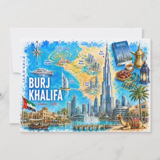 ドバイ UAE イラスト地図 ブルジュ・ハリファ ポストカード (正面)