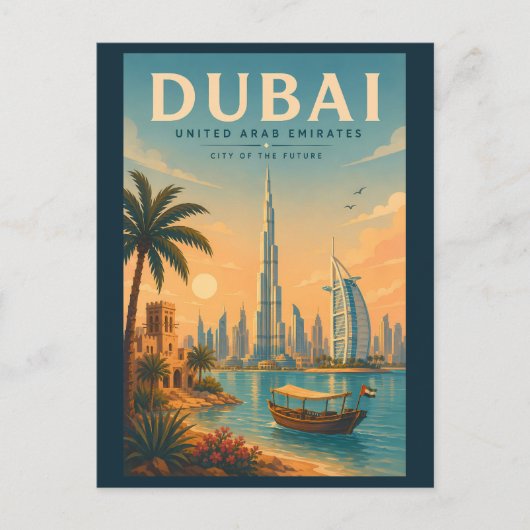 ドバイ UAE イラスト 旅行 アート ヴィンテージ ポストカード (正面)