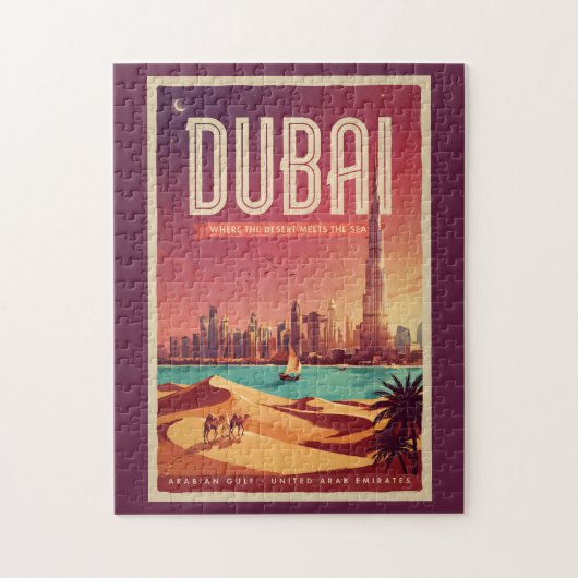 ドバイ UAE 夜のスカイライン イラスト 旅行アート ジグソーパズル (縦)