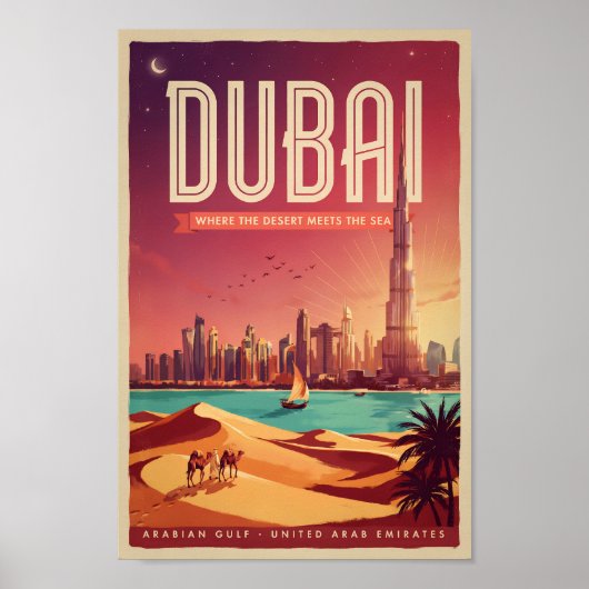 ドバイ UAE 夜のスカイライン イラスト 旅行アート ポスター (正面)