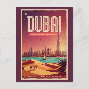 ドバイ UAE 夜のスカイライン イラスト 旅行アート ポストカード