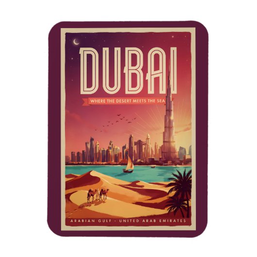 ドバイ UAE 夜のスカイライン イラスト 旅行アート マグネット (縦)