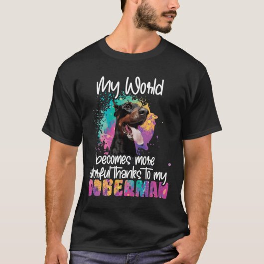 ドバカラフルー感謝していマン犬の世界 Tシャツ (正面)
