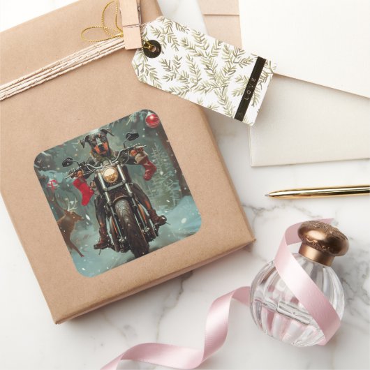 ドバーマンドッグオートバイクリスマス スクエアシール (ギフト)