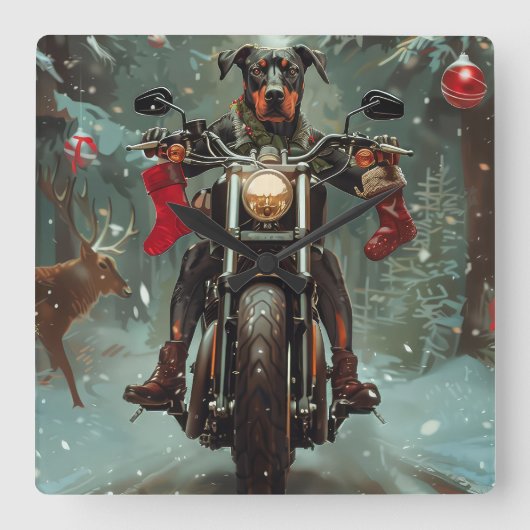 ドバーマンドッグオートバイクリスマス スクエア壁時計 (正面)