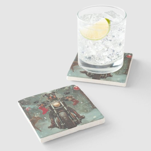 ドバーマンドッグオートバイクリスマス ストーンコースター (横)