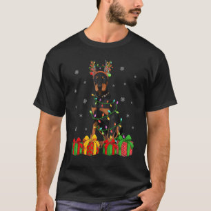ドバーマンドッグクリスマス照明トナディアハットドバーマンC Tシャツ