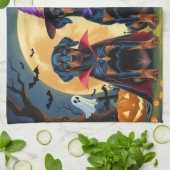 ドバーマンドッグスパンプキンハロウィンおもしろい キッチンタオル (折り畳み)