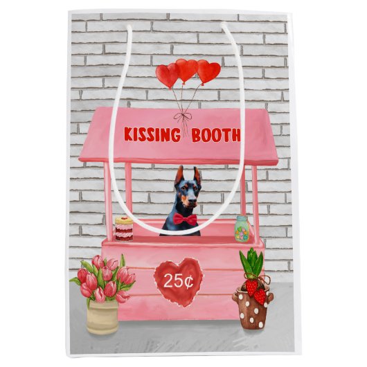 ドバーマンドッグバレンタインデーキスをするス ミディアムペーパーバッグ (正面)