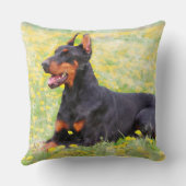 ドバーマンドッグ庭に座っ絵を描て水色 クッション (裏面)