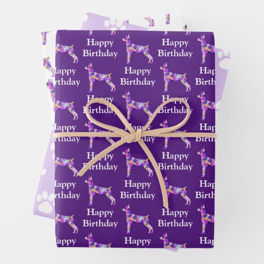 ドブマーマンピンシャードッグシルエットパープルハッピーデイ ラッピングペーパーシート (インサイチュ)