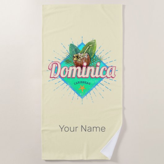 ドミニカカリブのレトロバケーションヴィンテージアイランド ビーチタオル (正面)