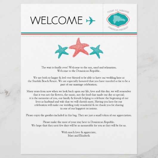 ドミニカ共和国のスターフィッシュ歓迎レター (正面)