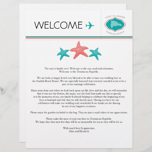 ドミニカ共和国のスターフィッシュ歓迎レター (正面/裏面)