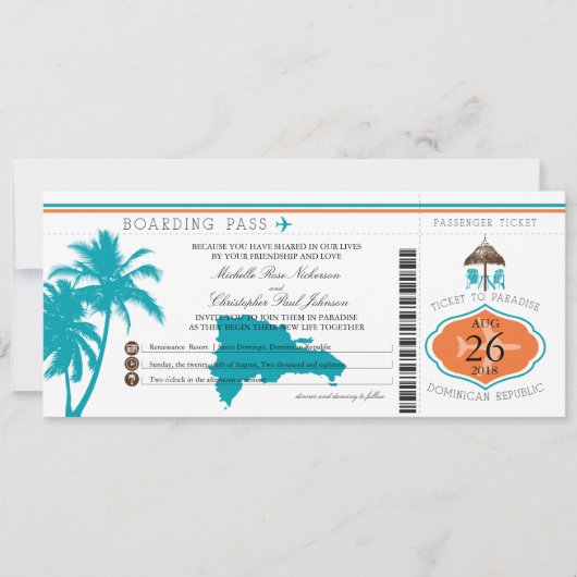 ドミニカ共和国の搭乗券のヤシの木 招待状 (正面)