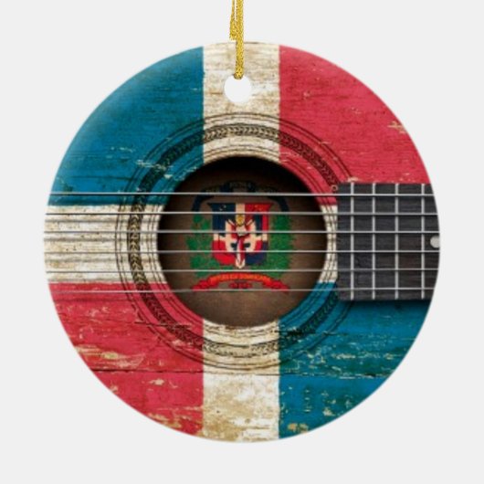 ドミニカ共和国の旗が付いている古いアコースティックギター セラミックオーナメント (裏面)