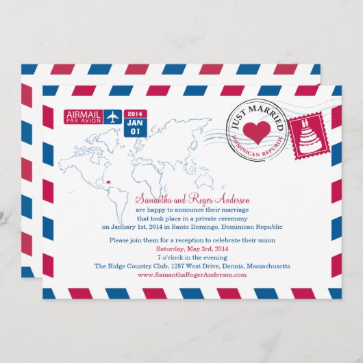 ドミニカ共和国エアメール挙式後パーティーのお知らせ 招待状 (正面/裏面)