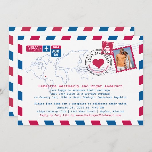 ドミニカ共和国エアメール ポストウェディングレセプション 招待状 (正面/裏面)