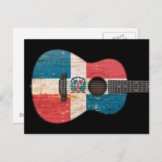 ドミニカ共和国国旗のアコースティックギター、黒 ポストカード (正面/裏面)