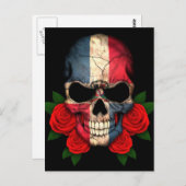ドミニカ共和国国旗のスカルとレッドローズ ポストカード (正面/裏面)