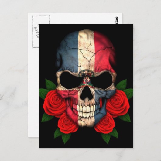 ドミニカ共和国国旗のスカルとレッドローズ ポストカード (正面/裏面)
