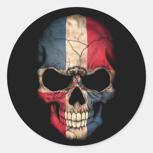 ドミニカ共和国国旗のスカルオンブラック ラウンドシール (正面)
