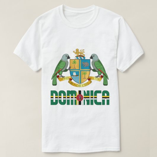 ドミニカ国旗と紋章愛国心 Tシャツ (デザイン正面)