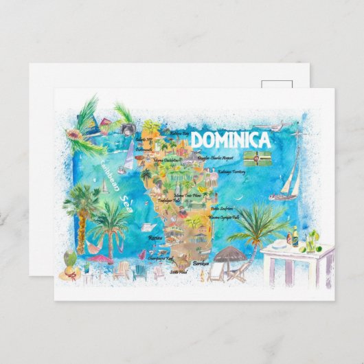 ドミニカ領アンティル図解入りの、写真付きの諸島の地図 ポストカード (正面/裏面)