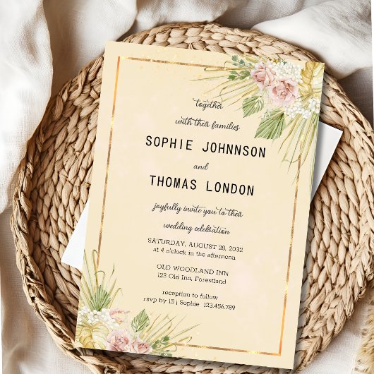 ドライなボーホー花の水彩結婚式 招待状