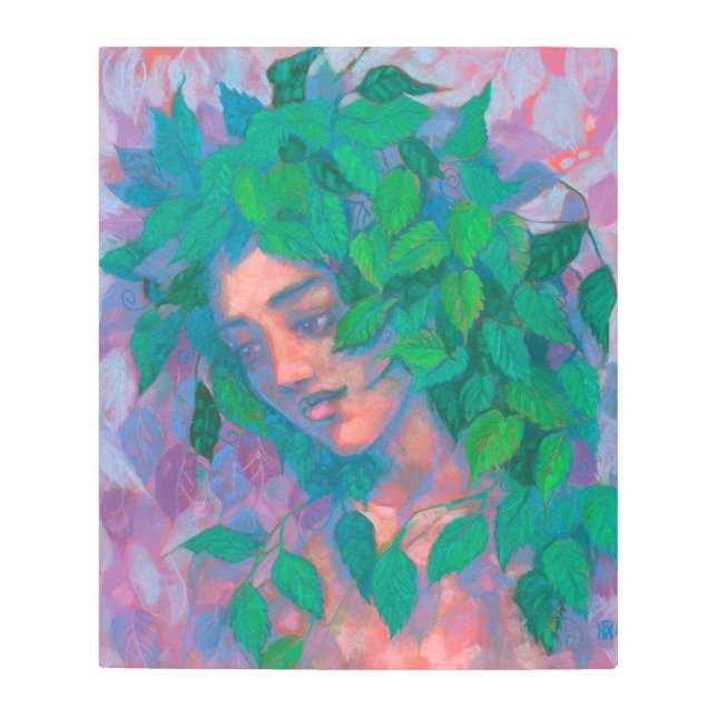 ドライアドツリースピリットグリーン葉ファンタジーアート メタルプリント (正面)