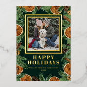 ドライオレンジ 水彩 松 幸せなホリデー ゴールド 箔シーズンカード (正面)