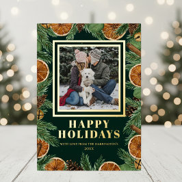 ドライオレンジ 水彩 松 幸せなホリデー ゴールド 箔シーズンカード