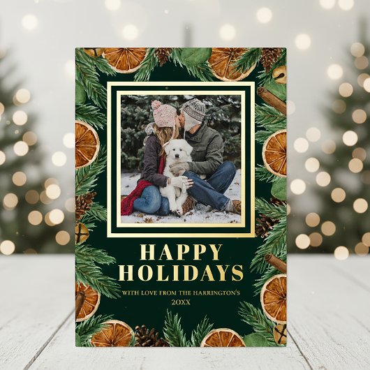 ドライオレンジ 水彩 松 幸せなホリデー ゴールド 箔シーズンカード