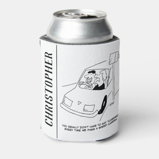 ドライバーがスピードカメラを通過するとチーズと言う 缶クーラー (缶裏面)