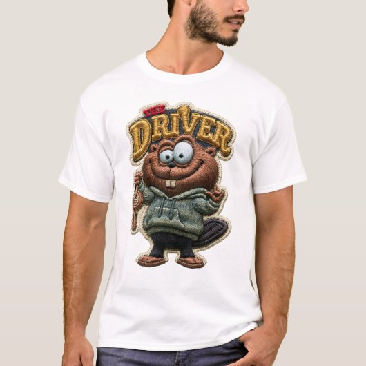 ドライバー面白いビーバー刺繍パッチスタイル Tシャツ (正面)