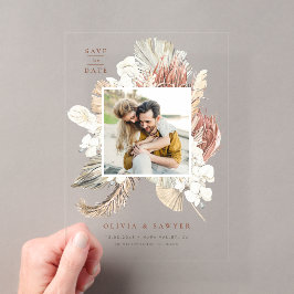 ドライフラワーと蘭の写真付きSave the Date アクリル招待状