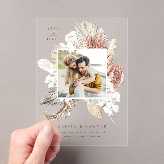 ドライフラワーと蘭の写真付きSave the Date アクリル招待状 (インサイチュ (ポータブル))
