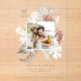 ドライフラワーと蘭の写真付きSave the Date アクリル招待状