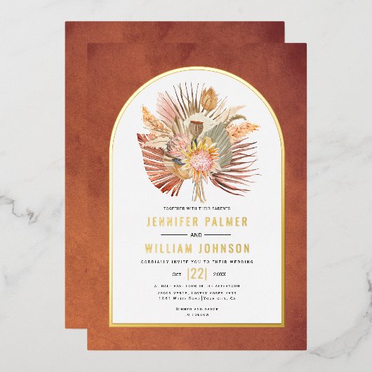 ドライフラワーパンパスグラス結婚テラコッタの金ゴールド 箔招待状 (正面/裏面)