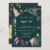 ドライフラワー幾何学模様ボーダー ダークグリーンの背景 招待状 (正面/裏面)