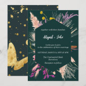 ドライフラワー　幾何学模様のボーダー　ダークグリーンの背景 招待状 (正面/裏面)