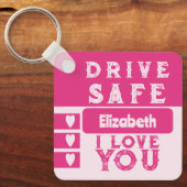 ドライブの安全を愛する名前のフォトピンク キーホルダー (正面)