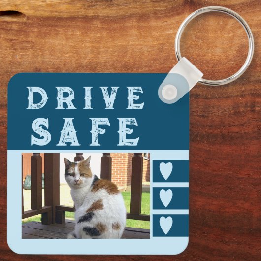 ドライブの安全を愛する名前を追加する写真青 キーホルダー (裏面)