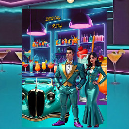 ドライブインカクテルバー誕生日パーティー カラフル ファン 招待状