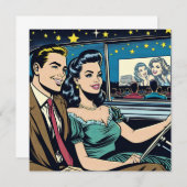 ドライブイン映画のレトロカップル 招待状 (正面/裏面)